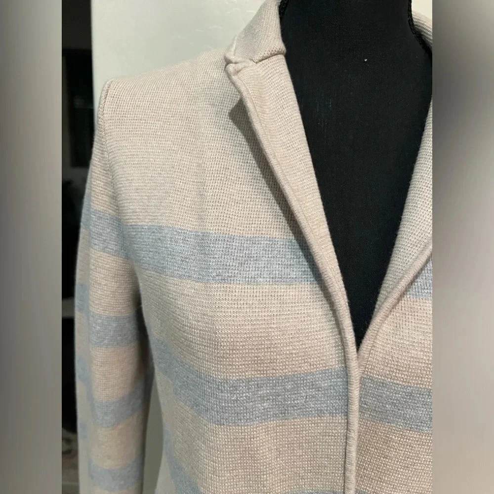 Talbots Medium Cotton Blend Beige and Light blue striped blazer